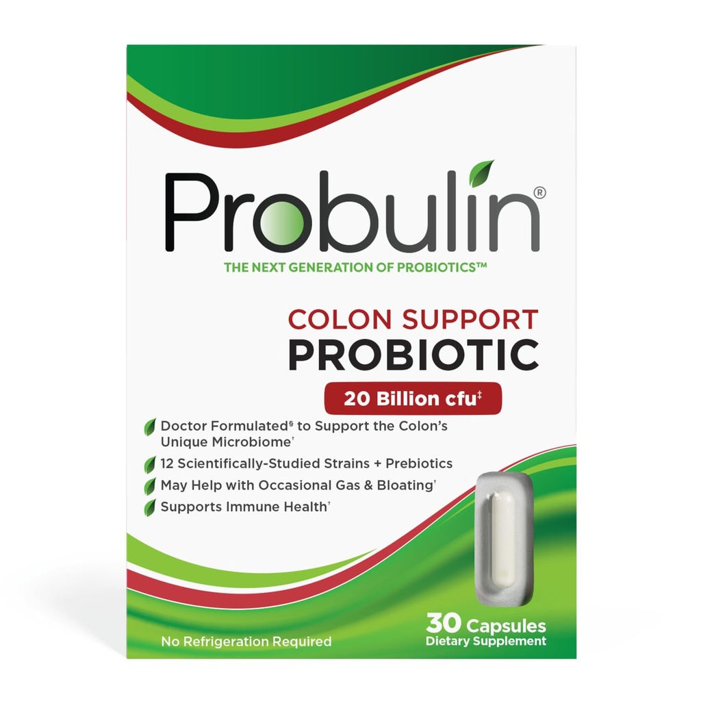 Probulin Colon Support Daily Probiotic + Prebiotic + Support Gut Health, Lejlighedsvis Gas og Bloating - 20 Millioner CFU - 12 Strops, 30 Veganske Kapsler