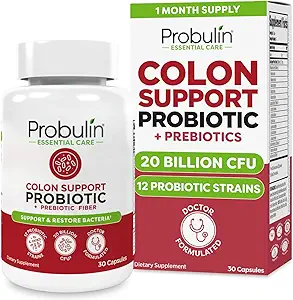 Probulin Colon Support Daily Probiotic + Prebiotic + Support Gut Health, Lejlighedsvis Gas og Bloating - 20 Millioner CFU - 12 Strops, 30 Veganske Kapsler
