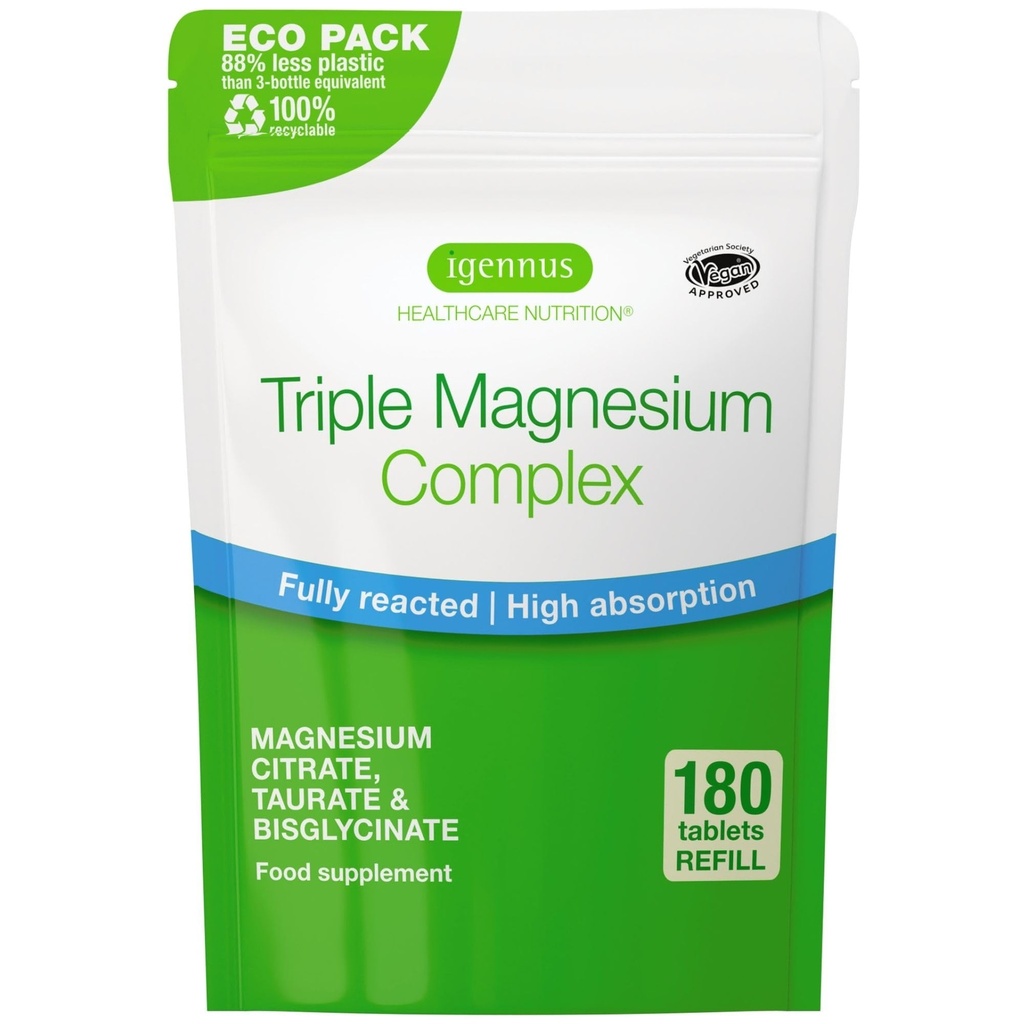 Igennus Superior Triple Magnesium Complex, Fuldt Reaged & Chelated Glycinate, Taurate & Citrate, Clean Label, High Bioavailability & Absorption, 180 tabletter, Vegan, Non- Buffered