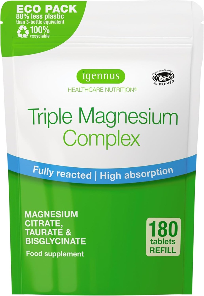 Igennus Superior Triple Magnesium Complex, Fuldt Reaged & Chelated Glycinate, Taurate & Citrate, Clean Label, High Bioavailability & Absorption, 180 tabletter, Vegan, Non- Buffered