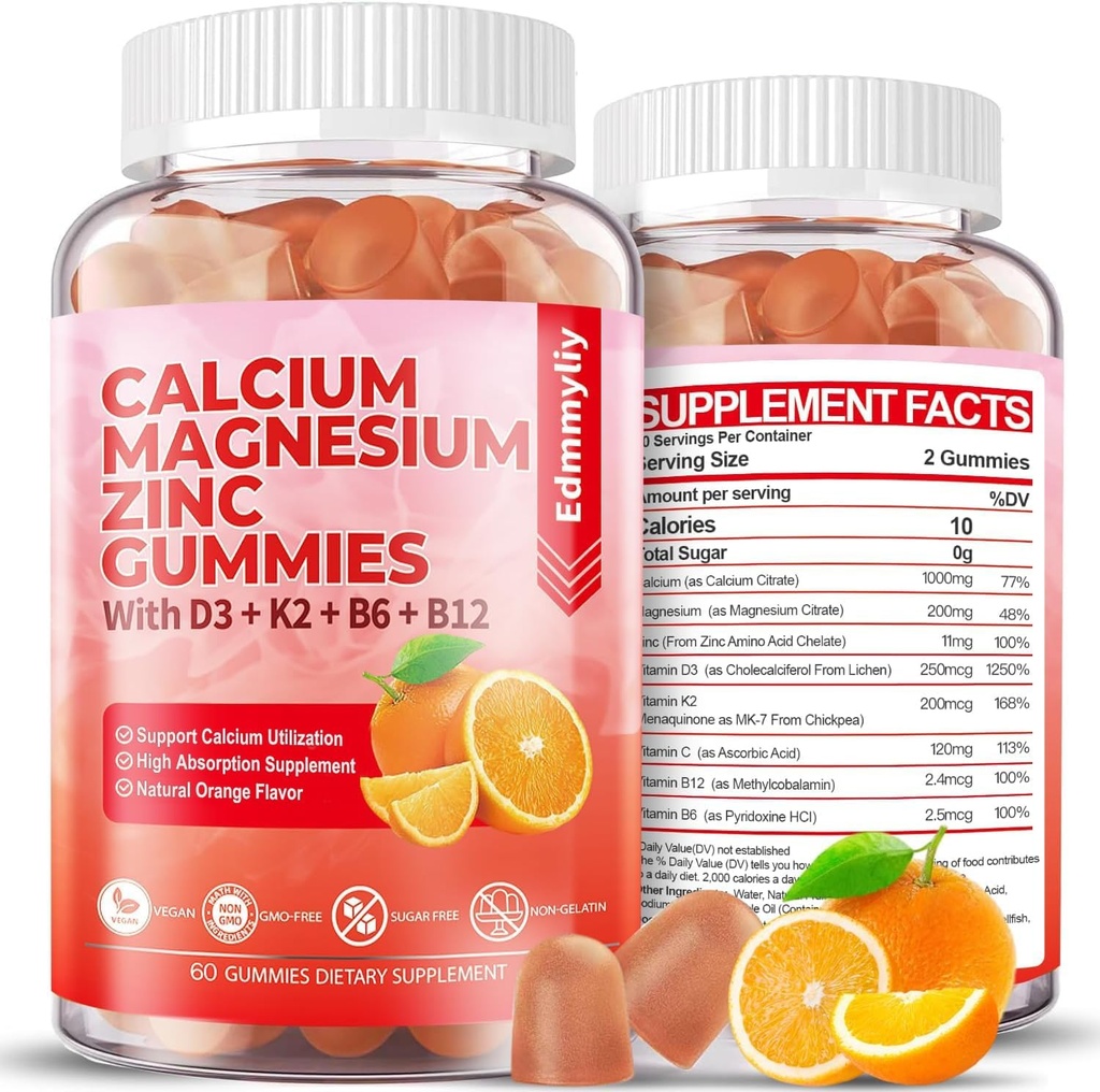 Sugar Free Calcium Magnesium Zink supplement Gummies med vitamin D3 & B12 til kvinder og mænd høj absorption Calcium Magnesium supplement til immunforsvar (120 tællinger)