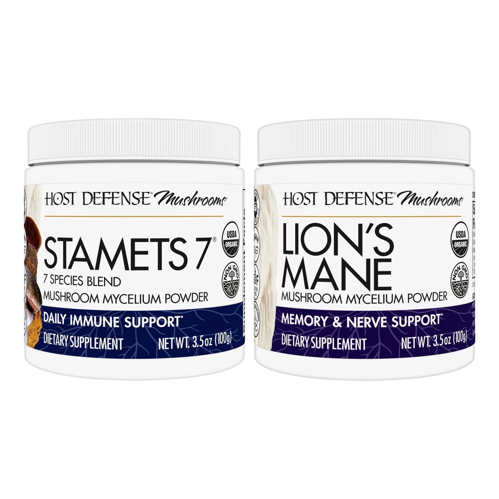 Host Defense Bundle med Stamets 7 Mushroom Powder, 3,5 oz & Lions Mane Powder, 3,5 oz - Support immunforsvar med 7 Arter Blend - Support Brain Health, Memory & Focus *
