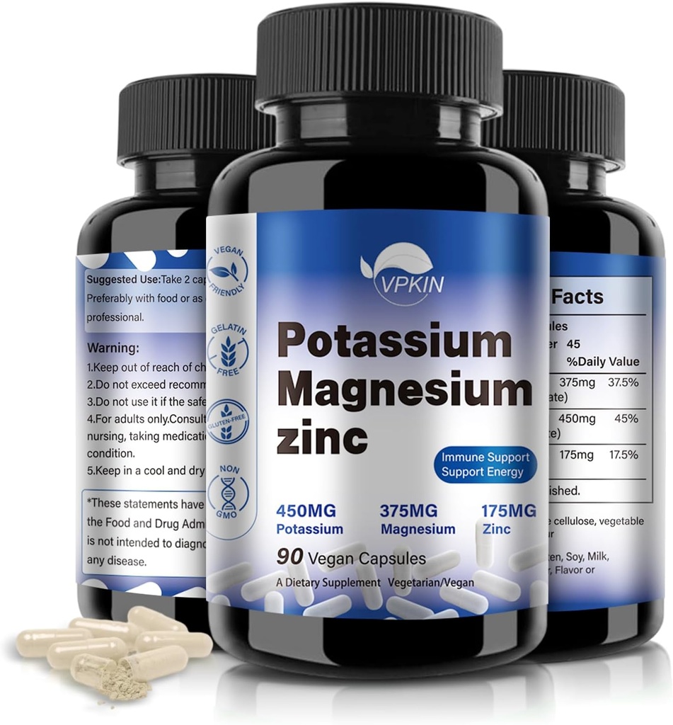 Kalium Magnesiumsupplement 1000mg, høj absorption Magnesium Kalium Zinkaspartat (90 kapsler)