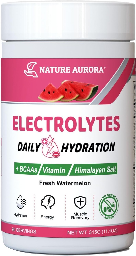 Elektrolyter Powder No Sugar, Frisk Watermelon Electrolyte Powder, Hydration Powder, Forbedret med Himalayan Salt, BCAA og B-Vitamin, Ingen kalorier, Sukker Free Keto Electrolyte Drikke - 90 Servere