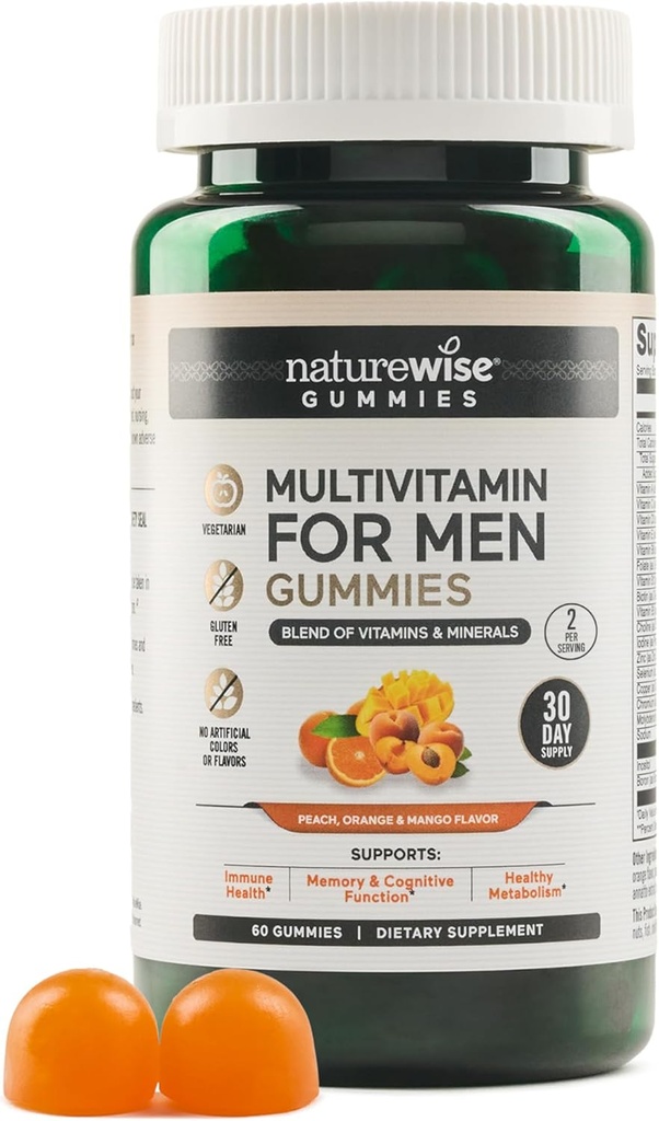 NatureWise Multivitamin til mænd, Gummies Peach Mango Flavor, for immunforsvar med mineral & vitamin A, C, D, E, B6 og B12, Vegetar, Soy- Free, Non- GMO, 60 Greve [1-måned Tilgang]