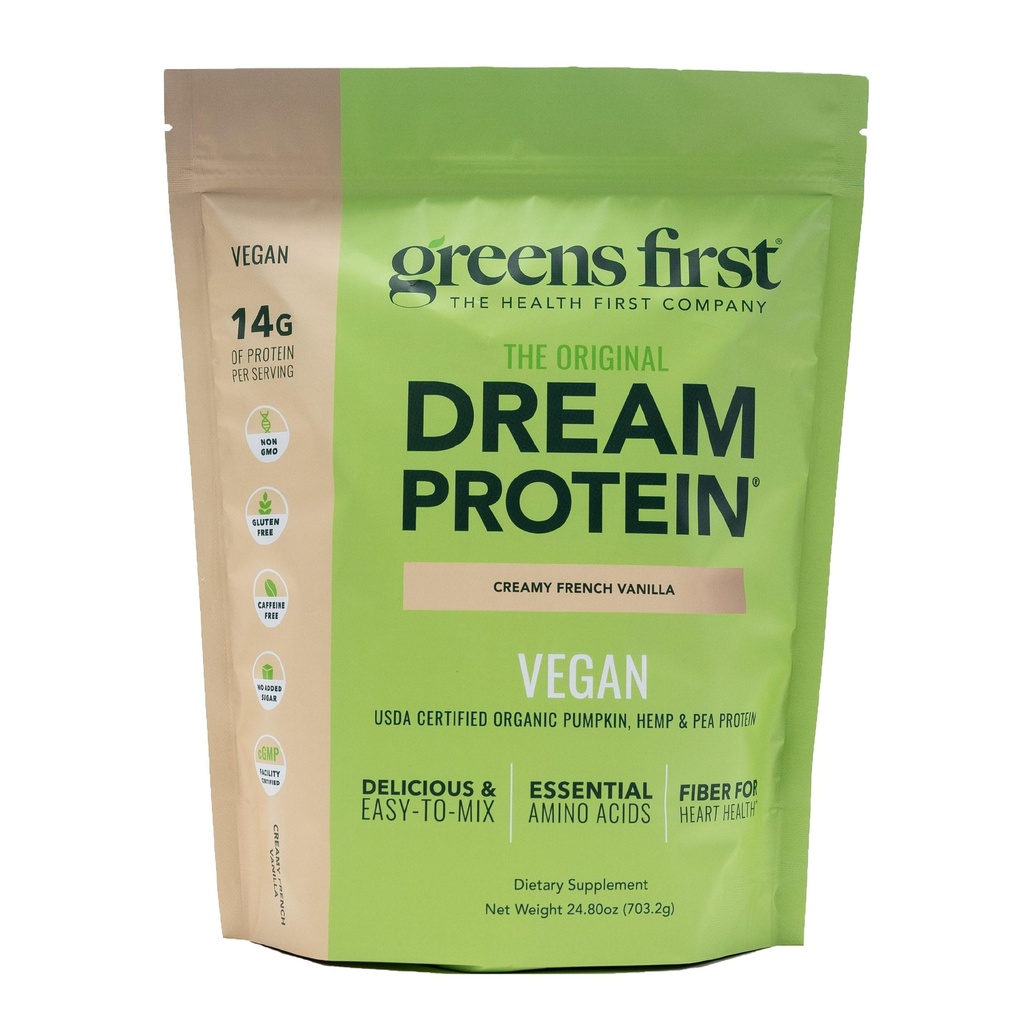 Green First Dream Protein Plant- Based Vegan Powder - USDA Organic Pumpkin, Hamp & Pea Protein - Glutenfri, Non- GMO, Ingen tilsat sukker (cremet fransk vanille, 24.8 oz)