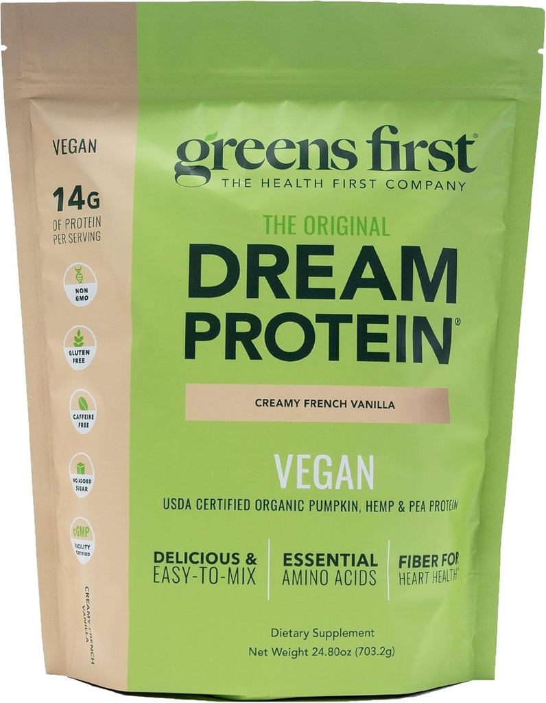 Green First Dream Protein Plant- Based Vegan Powder - USDA Organic Pumpkin, Hamp & Pea Protein - Glutenfri, Non- GMO, Ingen tilsat sukker (cremet fransk vanille, 24.8 oz)