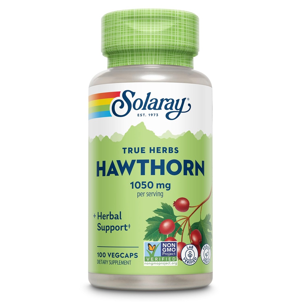 SOLARAY Hawthorn Berry Capsules 1050 mg - Lindrende urtestøtte - Hawthorne Berry supplement til total wellness support - hele Berry, Vegan, non-GMO, 60 dages garanti, 50 Servere, 100 VegCaps