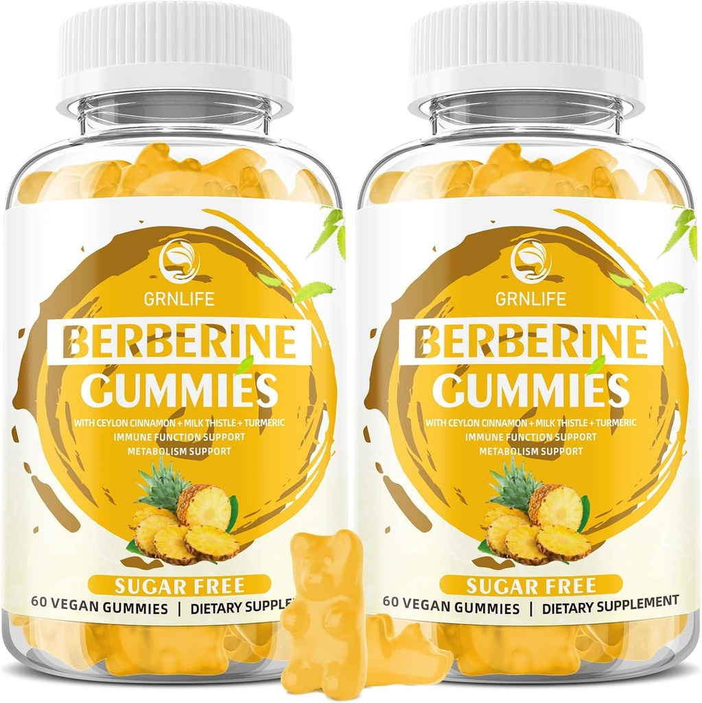 Berberine Gummies med Ceylon Cinnamon 1500mg høj potens Berberine HCL supplement til immun- og metabolismestøtte, sukker fri, ananas smag - 120 Tæl