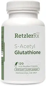 RetzlerRx S- Acetyl Glutathion Supplement 100 mg pr. kapsel, Lavet i USA - 120 Acid-resistente kapsler - Antioxidant Support - Non-GMO, Soy & Gluten- Free / Bergaflow ®, Pharmaceutical Grade