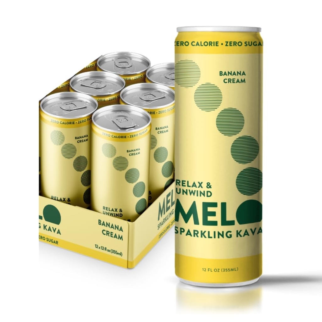 Melo Sparkling Kava drik, Banan Cream, Sukker gratis ikke alkoholholdige drikkevarer med nul kalorier, Gluten fri, Vegan, 100% Natural Mocktail med 100mg Kava Root per drink, 6 Pack, 12 oz Cans