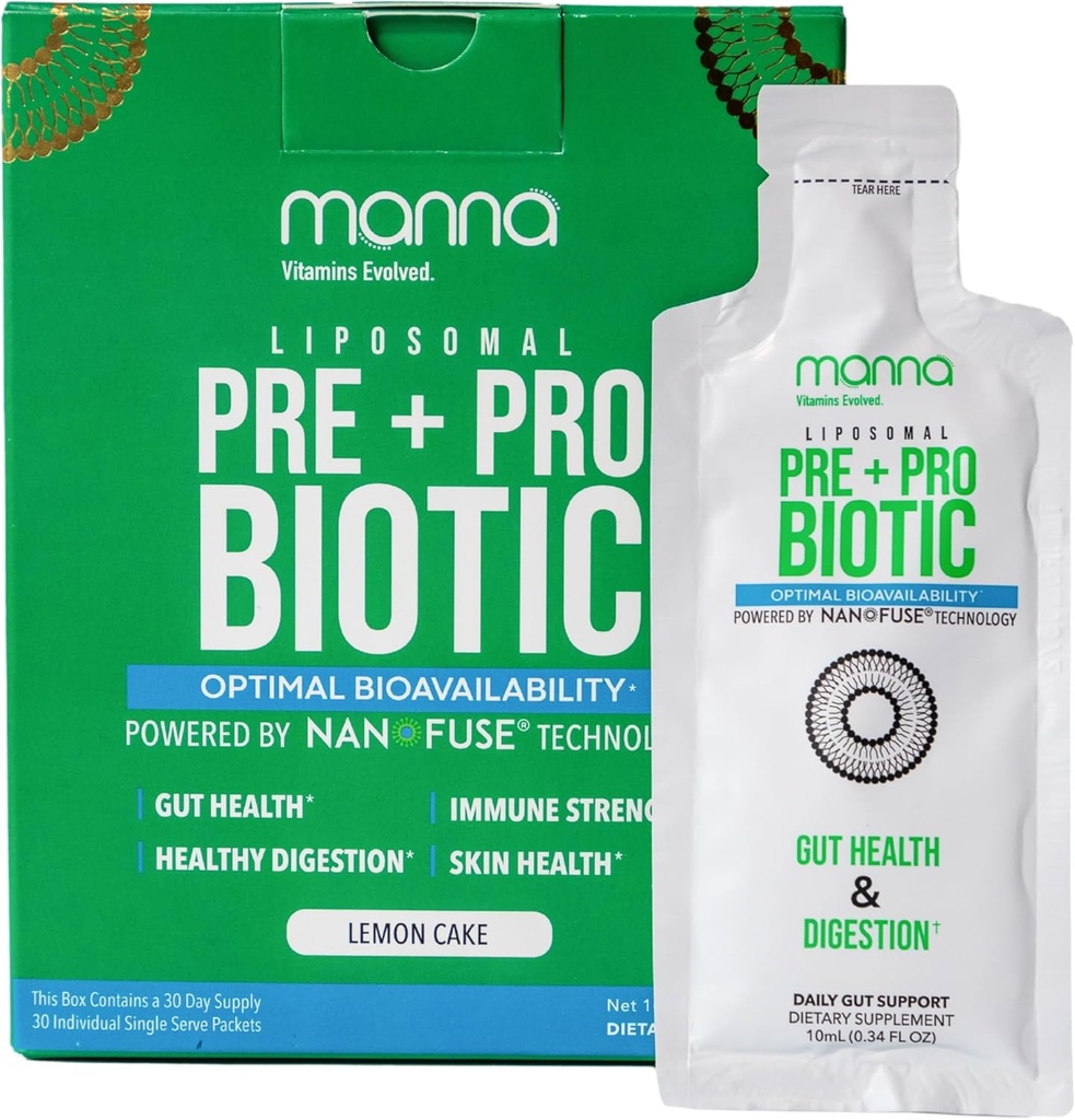 Manna Vitamin Evolved Liposomal Prebiotic + Probiotiske Pakninger - 40 Millioner CFU, 8 Strops - Gut, fordøjelsesbesvær, immunforsvar - Høj Absorption, Shelf- stable, Dagligt tillæg, 30 Single Serves