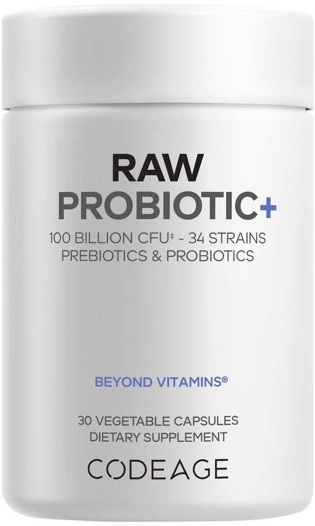 Codeage Raw Probiotic + Supplement - 34 Probiotiske Strops, 100 Millioner CFU 'er, Raw Hel Food Probiotika, fordøjelige enzymer, Raw Fruits & Veggies Prebiotika - Wild Kefir Culture - Non-GMO - 30 Kapsler