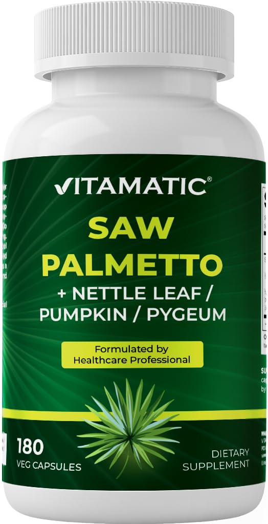 Vitamatic Saw Palmetto Extract for Mænd & Kvinder 180 Veg Kapsler - Lavet med Græskar frø, Pygeum, Nettle Leaf - Lavet i USA - fremmer sund prostata funktion