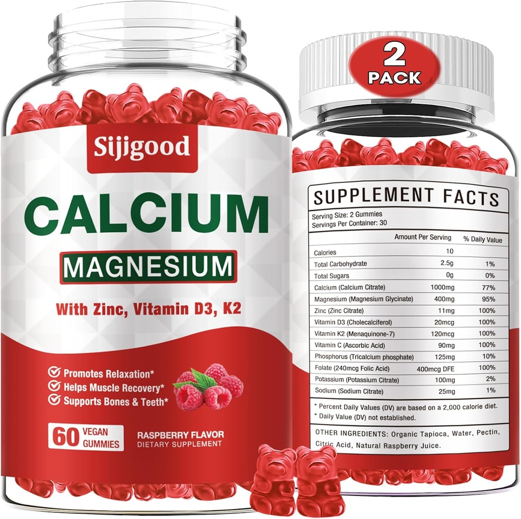2 Pack Calcium Magnesium Zinkgummier med vitamin C D3 K2, Calcium Gummies for ben, Muskel, Calm & Zzz Support, Høj Absorption Formel med Magnesium Zinkkalium, Raspberry Smagen 120 Cts