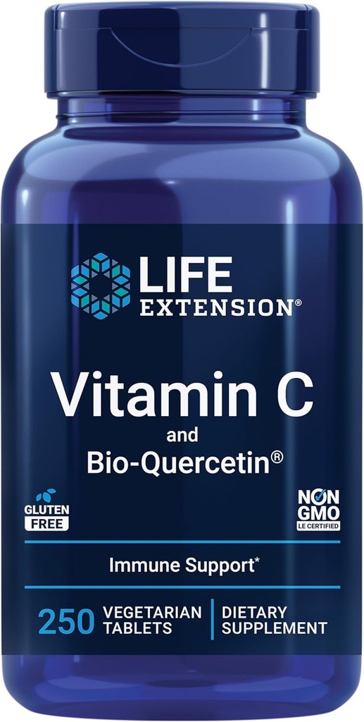 Life Extension Vitamin C and Bio-Quercetin®, Cardiovascular Health Supplement, Immune Support, Highly absorbable, quercetin, Vitamin C, Gluten Free, Non-GMO, Vegetarian, 250 Tablets