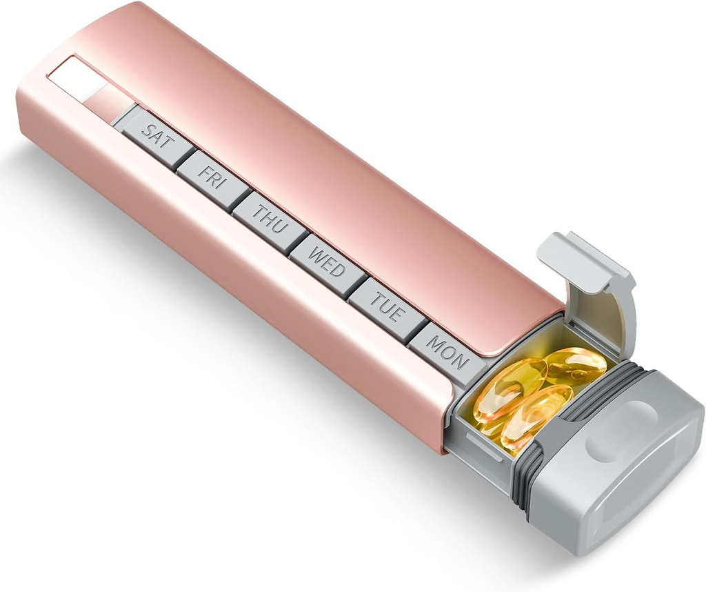 Travel Pill Organizer Weekly, 1 gang en dag, Opgradering Premium Aluminium Alloy Daily Pill Box 7 Dag, Bærbar Metal Pill Case, Cute Pill Holder til at holde vitaminer, medicin, piller, kosttilskud (Pink)