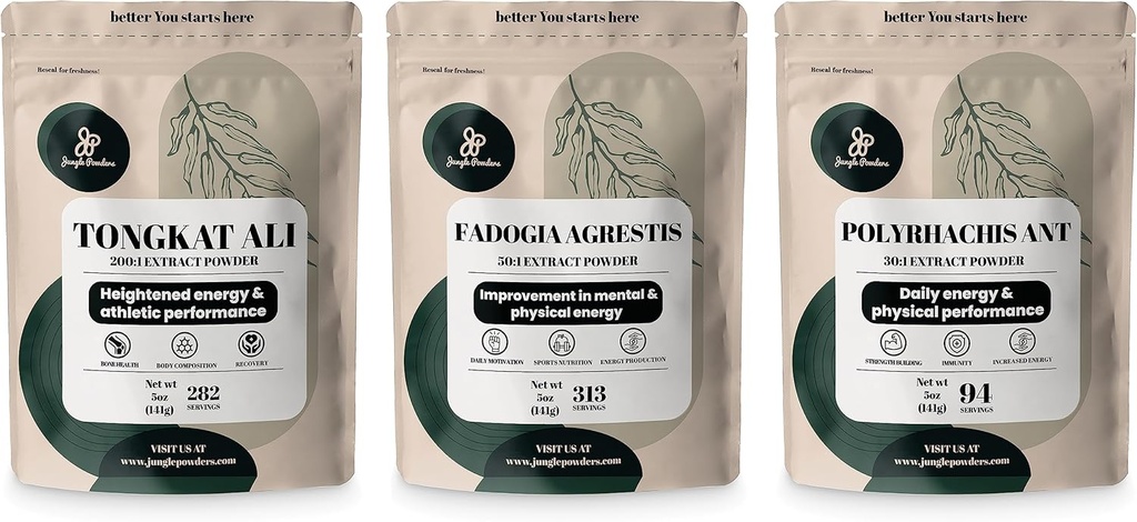 Jungle Powders Tongkat Ali for mænd 282 Servering, Fadogia Agrestis Extract Powder 313 Servere, Black Ant 30: 1 Koncentration 94 Servere 5oz Supplement Herre Health Support for Drive & Passion