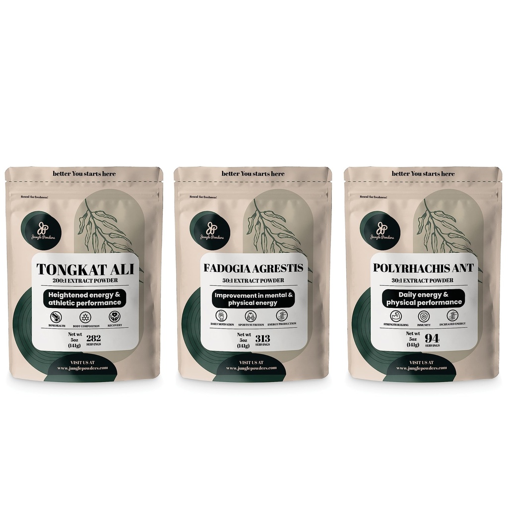 Jungle Powders Tongkat Ali for mænd 282 Servering, Fadogia Agrestis Extract Powder 313 Servere, Black Ant 30: 1 Koncentration 94 Servere 5oz Supplement Herre Health Support for Drive & Passion