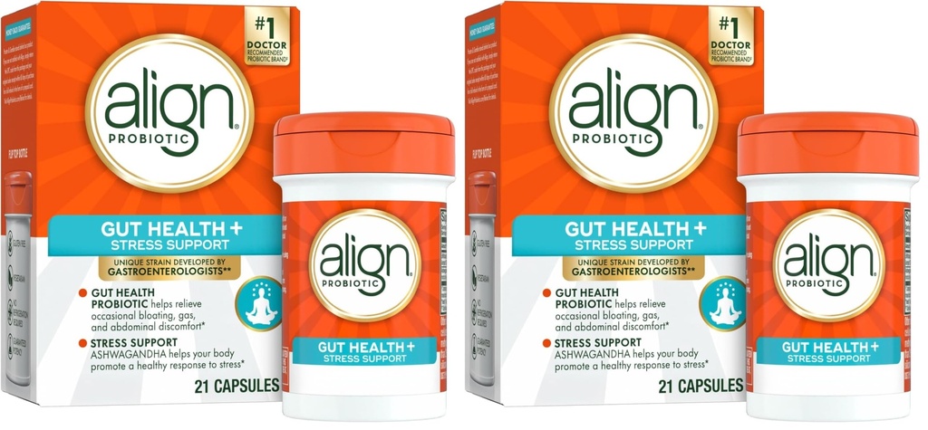 Justér probiotisk, fordøjelsesbetinget stress, probiotisk for kvinder og mænd med Ashwagandha, hjælper med en sund reaktion på stress, Gluten Free, Soy Free, Vegetar, 21 kapsler (Pack of 2)