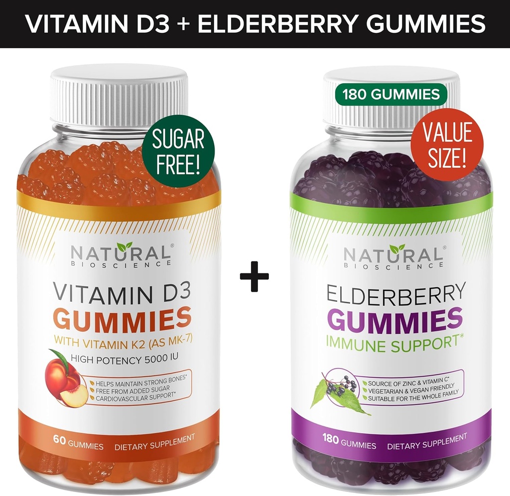 Sugar- Free Vitamin D Gummies (60 Gummies) og Elderberry Gummies (180 Gummies) - Immun Support Bundle, Gelatin- Free, Gluten- Free, Vegetar, Alle naturlige, store smagfulde