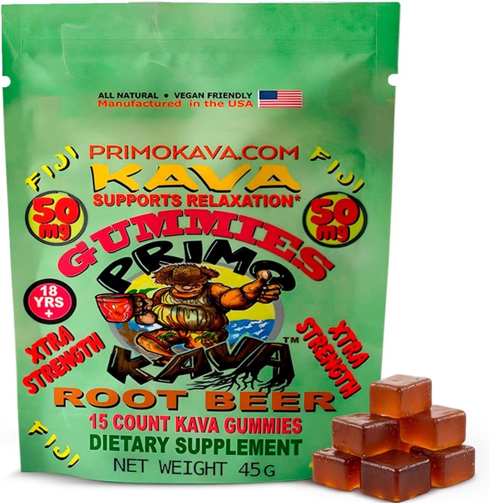 Kava Kava Gummies 50mg - Stærk Noble Kava med 50mg Kavalactoner til rolig & afslapning - Alkohol- Gratis - Fast- Fungerende Fiji Kava Root Extract - Root Beer Flavor - 15 Greve