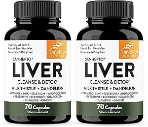 Sandhu 's lever rense Detox & reparation Support Medical 124; 70 Kapsler (pakke af 2) Medical 124; Herbal supplement til leversundhed Medicine Thistle Dandelion Root Andrograss med 8 Minerals