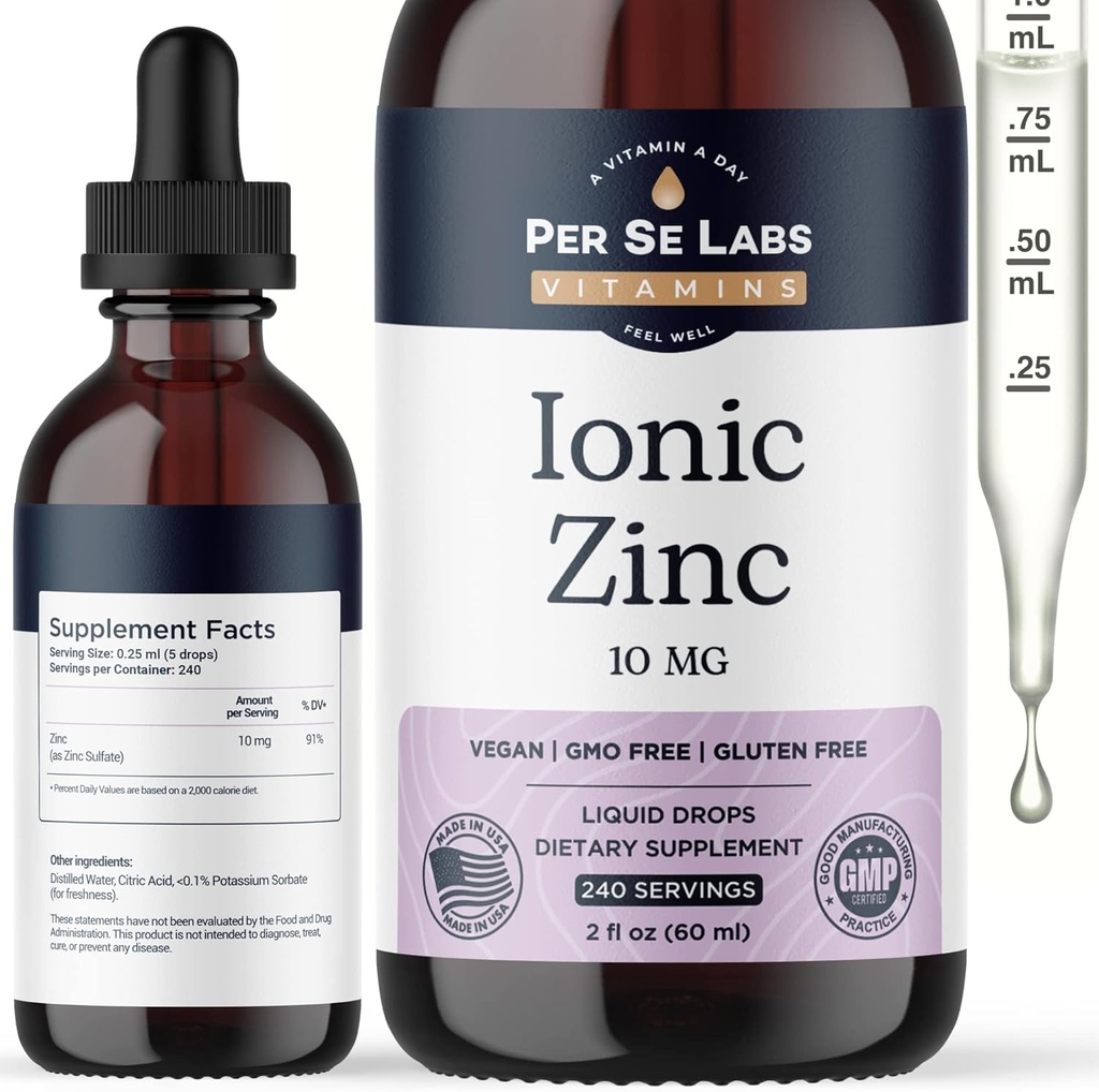 Per Se Labs Ionic Zink Liquid - 10 mg høj Absorption 240 Servere flydende Zinkdråber til voksne - Immunstøtte Skin Care Zink kosttilskud - Vegan Zinksulfat Antioxidant Kosttilskud - 2 Oz