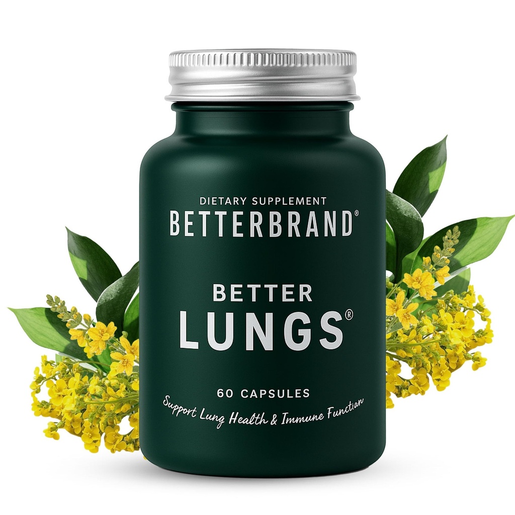 Betterbrand BetterLungs Lung Support med NAC, Mullein Leaf til rygere, Respiratory Health Formel med Elderberry, D-vitamin, Ginseng, Reishi Mushroom - 60 kapsler - pakke med 1