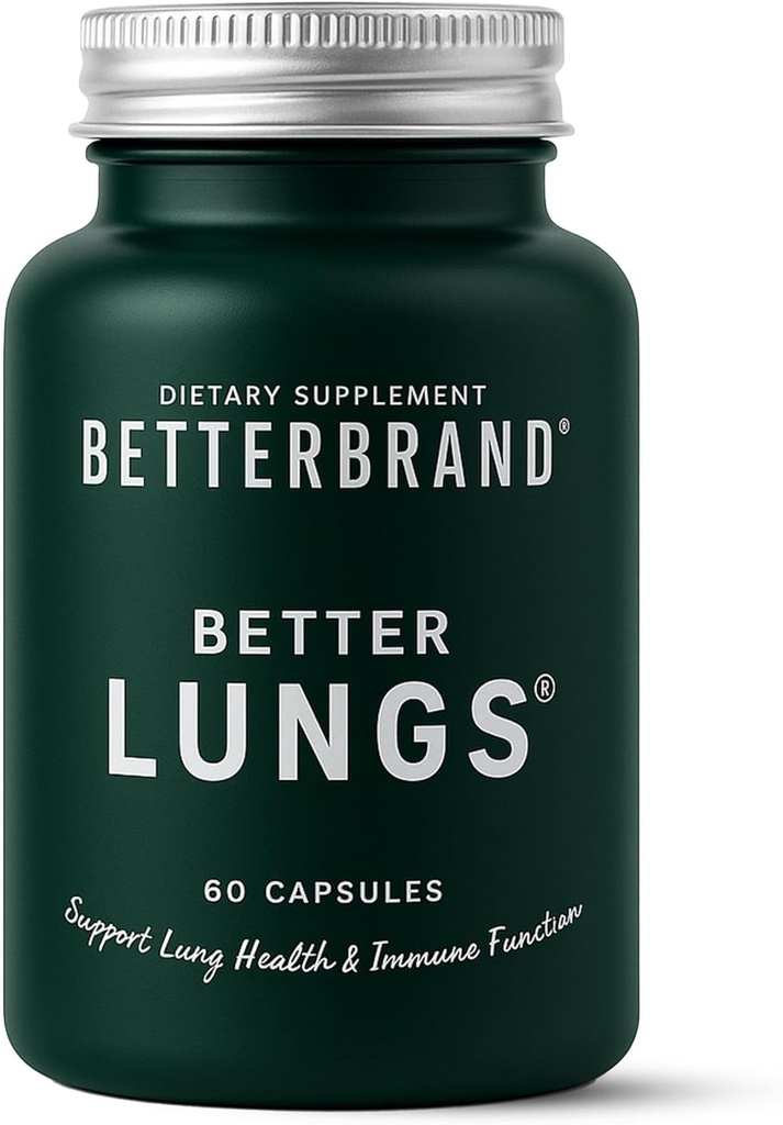Betterbrand BetterLungs Lung Support med NAC, Mullein Leaf til rygere, Respiratory Health Formel med Elderberry, D-vitamin, Ginseng, Reishi Mushroom - 60 kapsler - pakke med 1