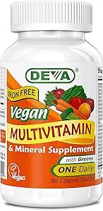 DEVA Vegan Multivitamin og Mineral Supplement - En daglig vitamin formel med grønne - Jern Free - 90 Overtrukne tabletter, 1- Pack