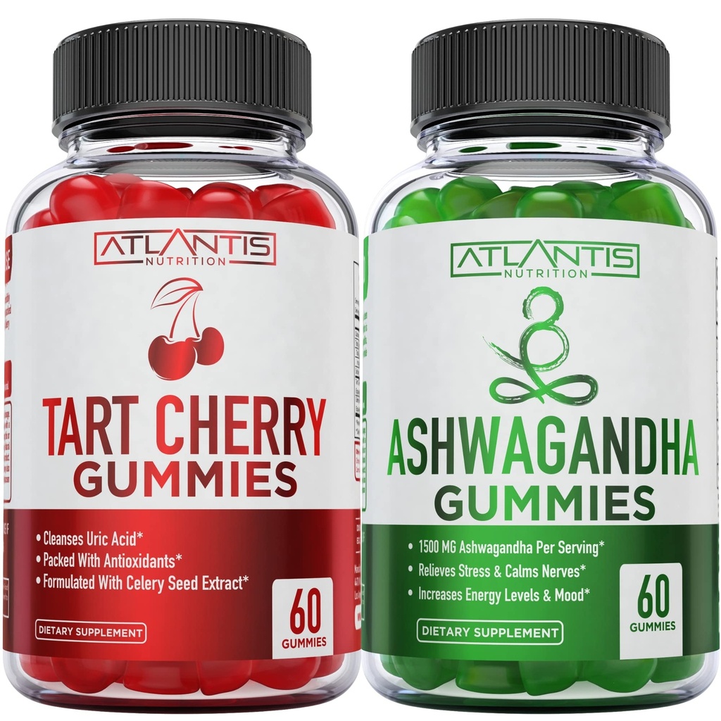 60 Ashwagandha Gummies + 60 Tart Cherry Gummies -Ashwagandha øger energi niveauer og styrker immunsystemet - Tart Cherry har avanceret ursyre rengøring for øjeblikkelig gigt smerte reli