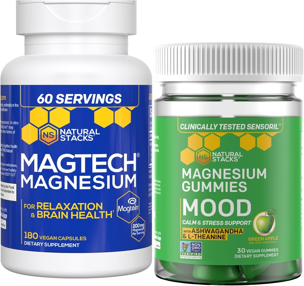 Naturlige stakke Magtech Magnesium + Mood Magnesium Gummies Bundle - 4 former for Magnesium - Afslapning, hjerne sundhed & stress support * - 210 Total stykker