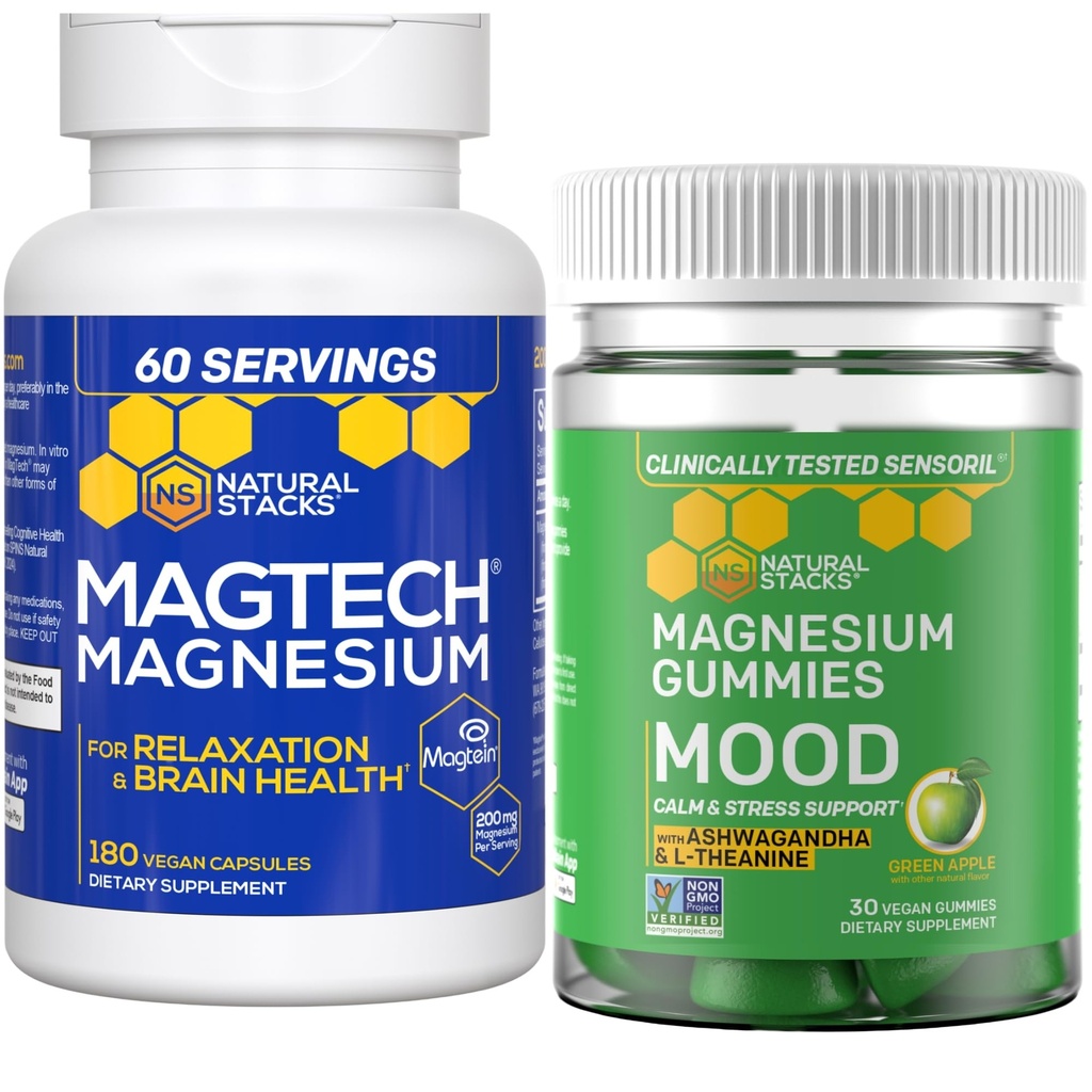 Naturlige stakke Magtech Magnesium + Mood Magnesium Gummies Bundle - 4 former for Magnesium - Afslapning, hjerne sundhed & stress support * - 210 Total stykker