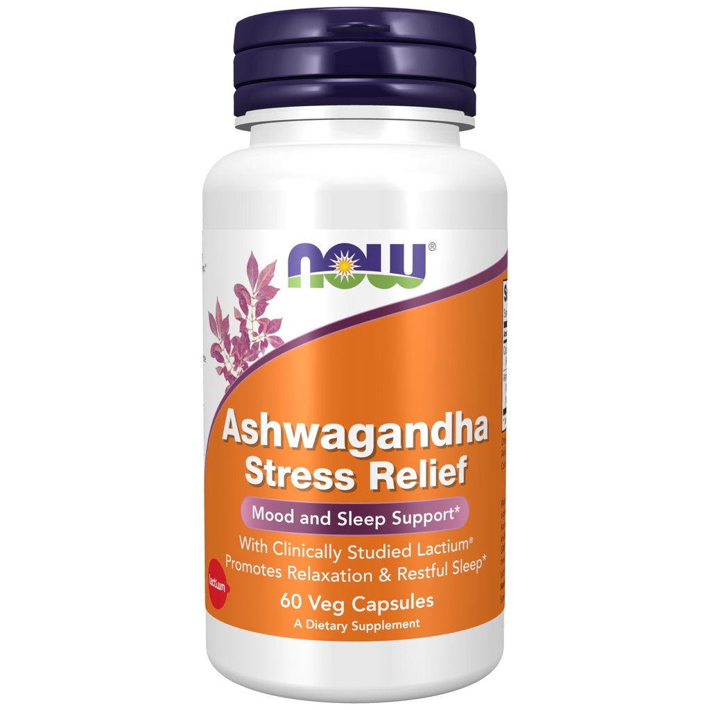 Now Supplements, Ashwagandha Stress Relief, Mood and Sleep Support *, med Klinisk Studiet Lactium ®, fremmer afslapning og rolig søvn *, 60 Veg kapsler