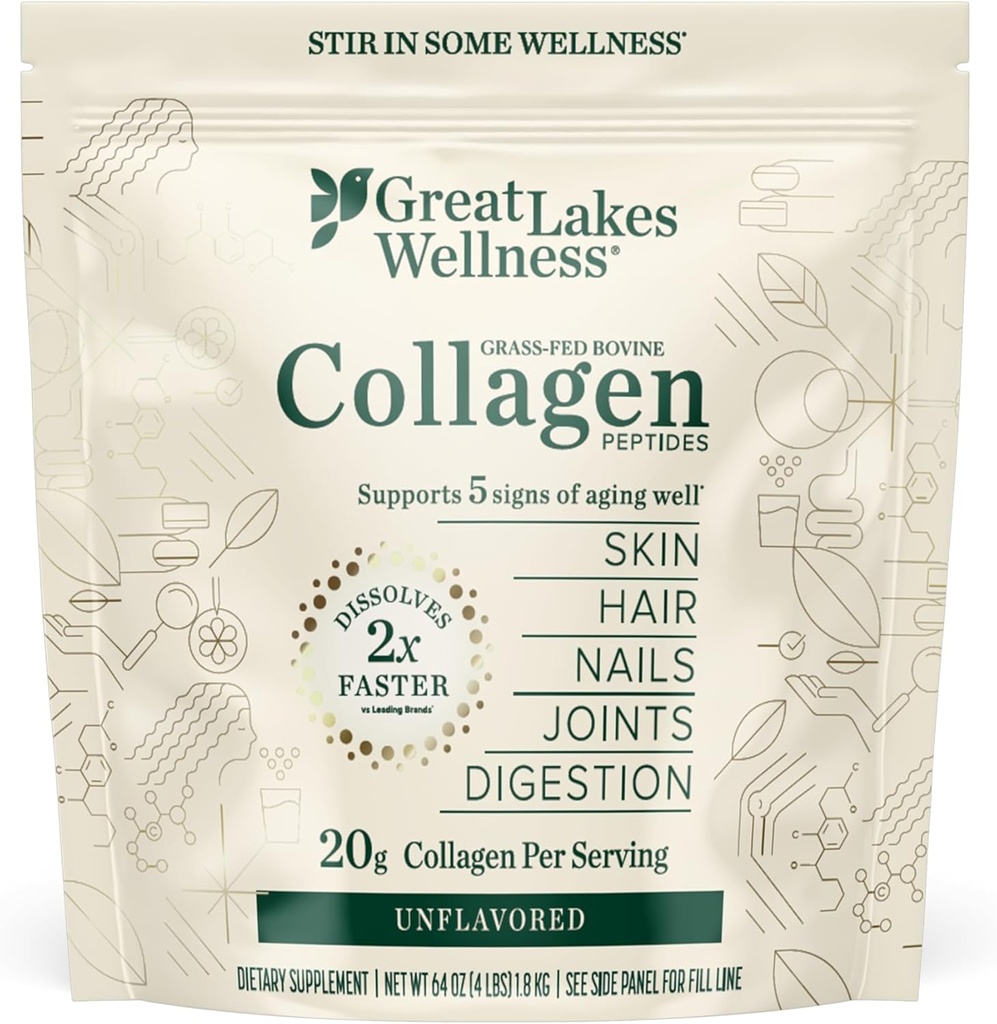 Great Lakes Wellness Collagen Peptider Pulver til hud, hår, negle, Joints & fordøjelse - Unflavored - Hurtig opløsning Hydrolyseret, Non- GMO, Keto, Kosher - 4 LB. Værdi Pouch