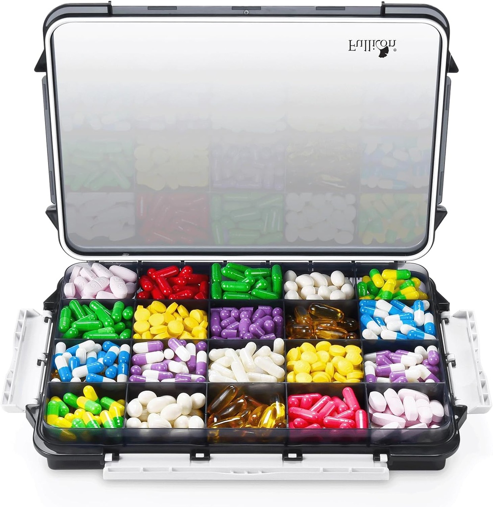 Fullicon Extra Large Pill Organizer med Fugt Bevis Design, Travel Jumbo Pill Box med 20 Segment, Supplement Organizer til Vitaminer med 3 Sikrede Buer (sort)