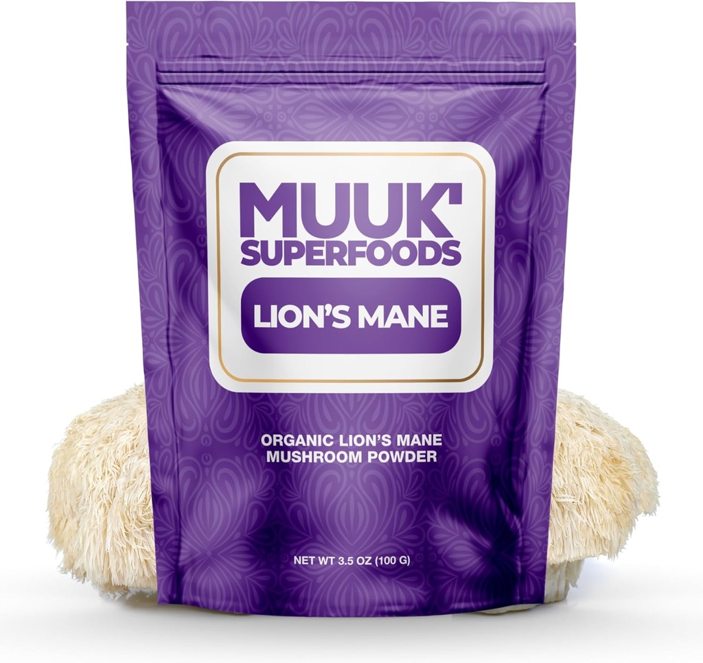 MUUK 'SUPERFOODS-124; Pure Organic Lion' s Mane Mushroom Powder-124; Brain- Boosting, USA- Made-124; 3,5 oz (100g), 60 Servering