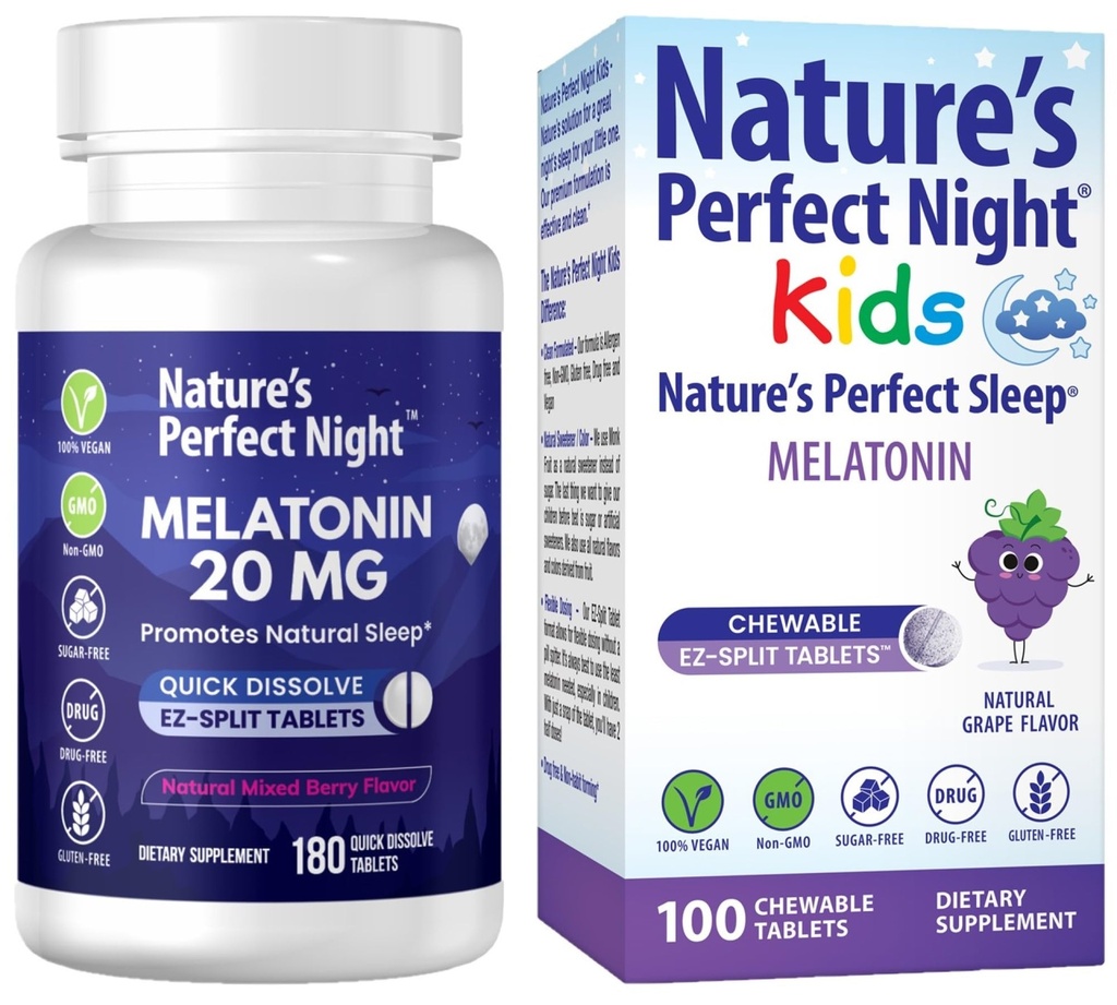 Nature 's Perfect Night Bundle be 124; Melatonin 20mg be 124; Kids Melatonin 1mg be 124; 180 greve be 124; 100 greve be 124; Sugar Free be 124; Gluten Free be 124; Non- GMO has 124; Vegan
