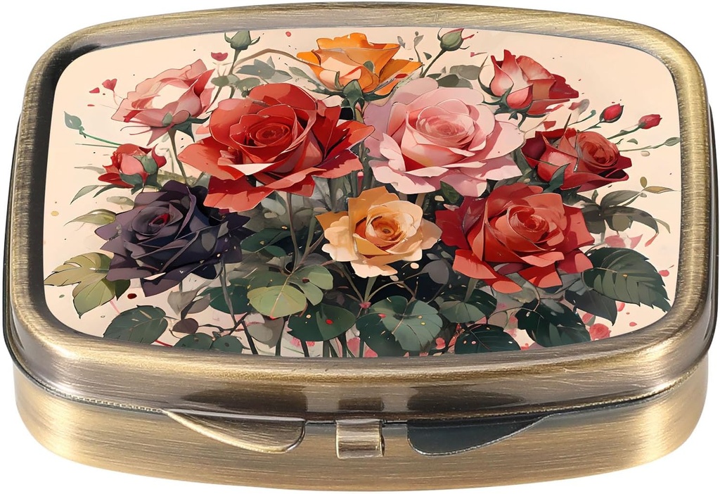 Dynippy Pill Case Pill Box med spejl Retro Pocket 2 Compartment Medicine Case Vitamin Pill Organizer til Pocket Purse og Rejser (Cute Flower)