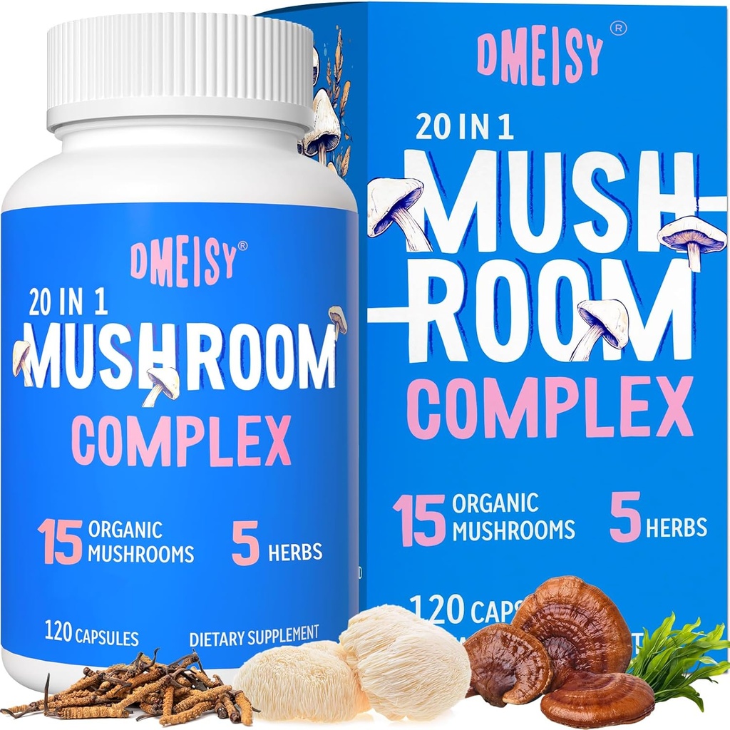 Mushroom Supplement 2600mg, 20- in-1 Mushroom kompleks, med Lions Mane, Cordyceps, Reishi, Tyrkiet Hale, Chaga - Brain Kosttilskud til hukommelse og fokus, Hukommelse Kosttilskud, Mood, Immunitet, 120 Capsule