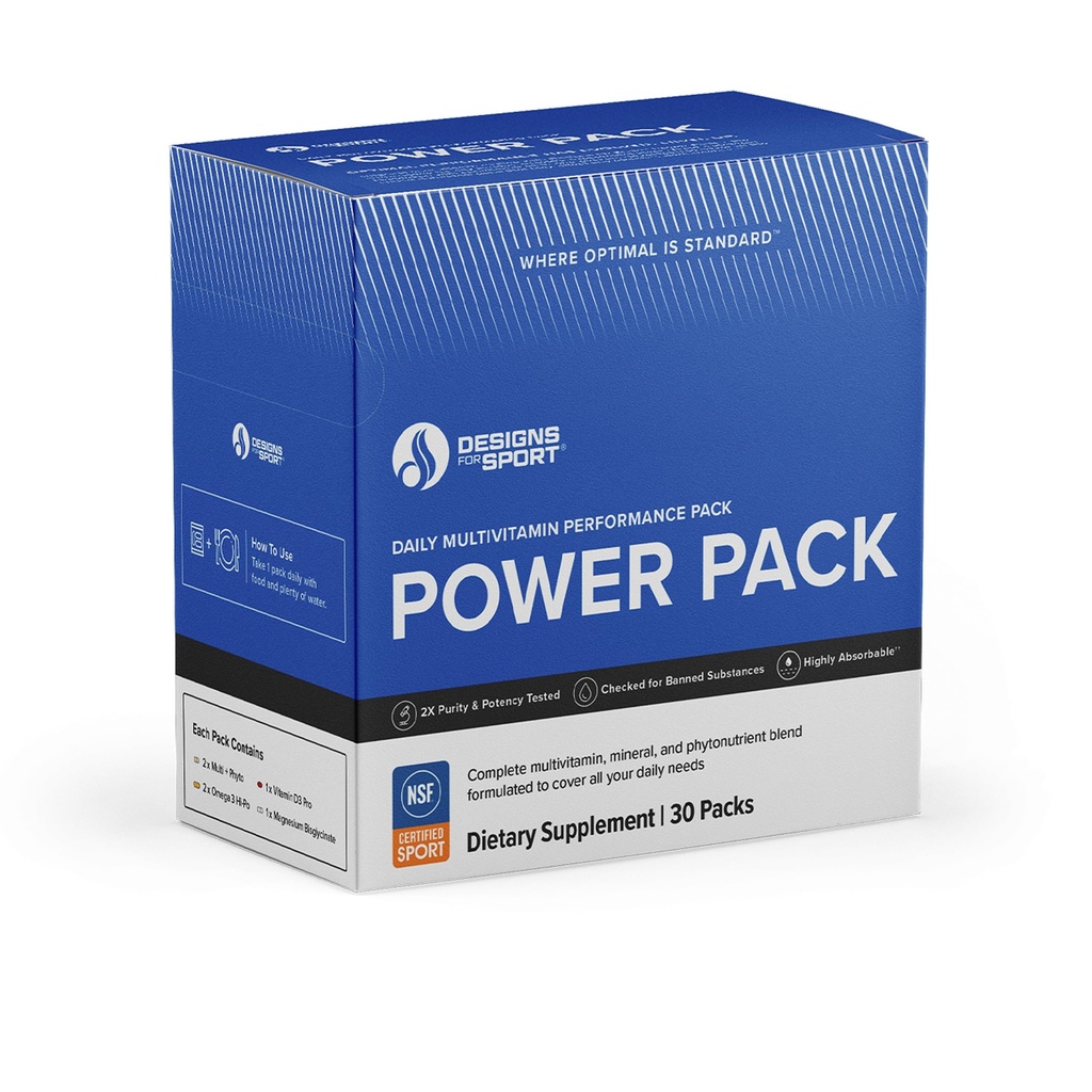 Design til Sport Vitamin Packs - NSF Certified for Sport Power Pack med Daily Multivitamin, Fish Oil Omega-3, Magnesium Glycinate & Vitamin D3 + K - Atlete 's Supplement Stack (30 Pakker)