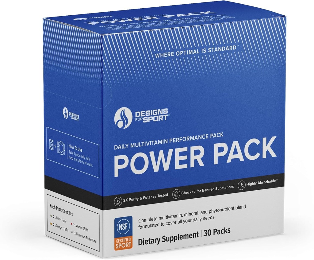 Design til Sport Vitamin Packs - NSF Certified for Sport Power Pack med Daily Multivitamin, Fish Oil Omega-3, Magnesium Glycinate & Vitamin D3 + K - Atlete 's Supplement Stack (30 Pakker)