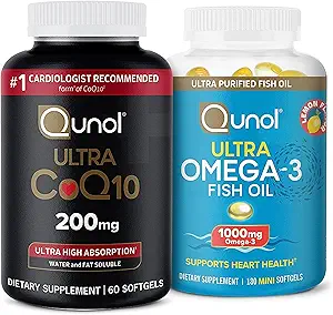 Qunol Ultra CoQ10 200mg Softgels - Ultra High Absorption Coenzym Q10 Supplement - 2 måneder Supply - 60 Count + Fish Oil Omega 3 Mini Softgels, 1000mg Omega 3 EPA + DHA, 3 måneder Supply, 180 Count