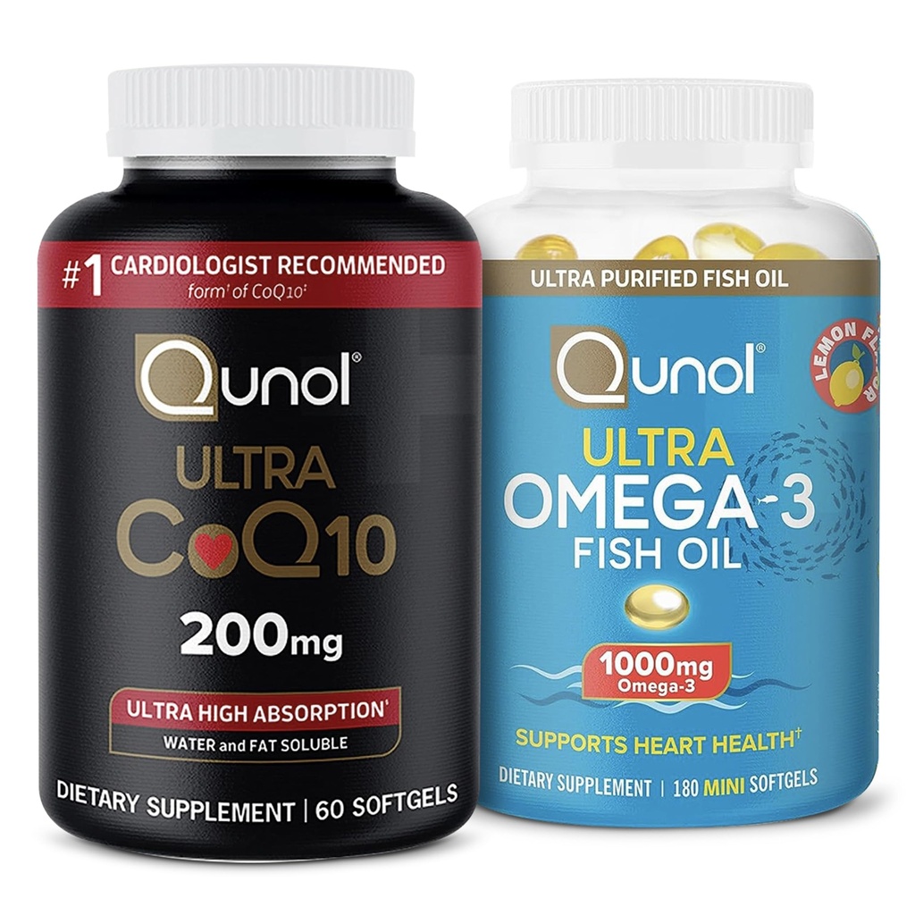 Qunol Ultra CoQ10 200mg Softgels - Ultra High Absorption Coenzym Q10 Supplement - 2 måneder Supply - 60 Count + Fish Oil Omega 3 Mini Softgels, 1000mg Omega 3 EPA + DHA, 3 måneder Supply, 180 Count