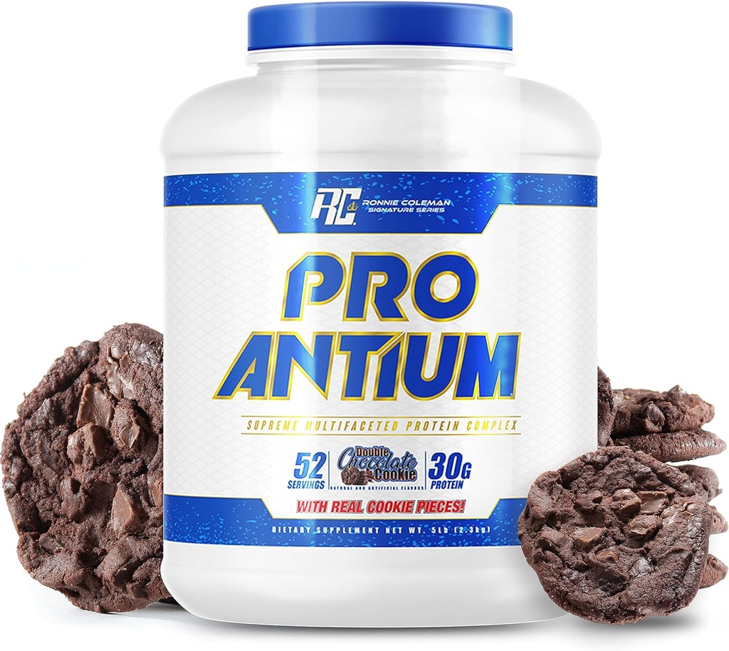 Ronnie Coleman Signature Series Pro- Antium Whey Protein Powder med BCAA 's og EAA' s, Creatin for Recovery og Lean Muscle Support, 30g Protein Per Serving, Dobbelt Chokolade Cookie, 5 Lb