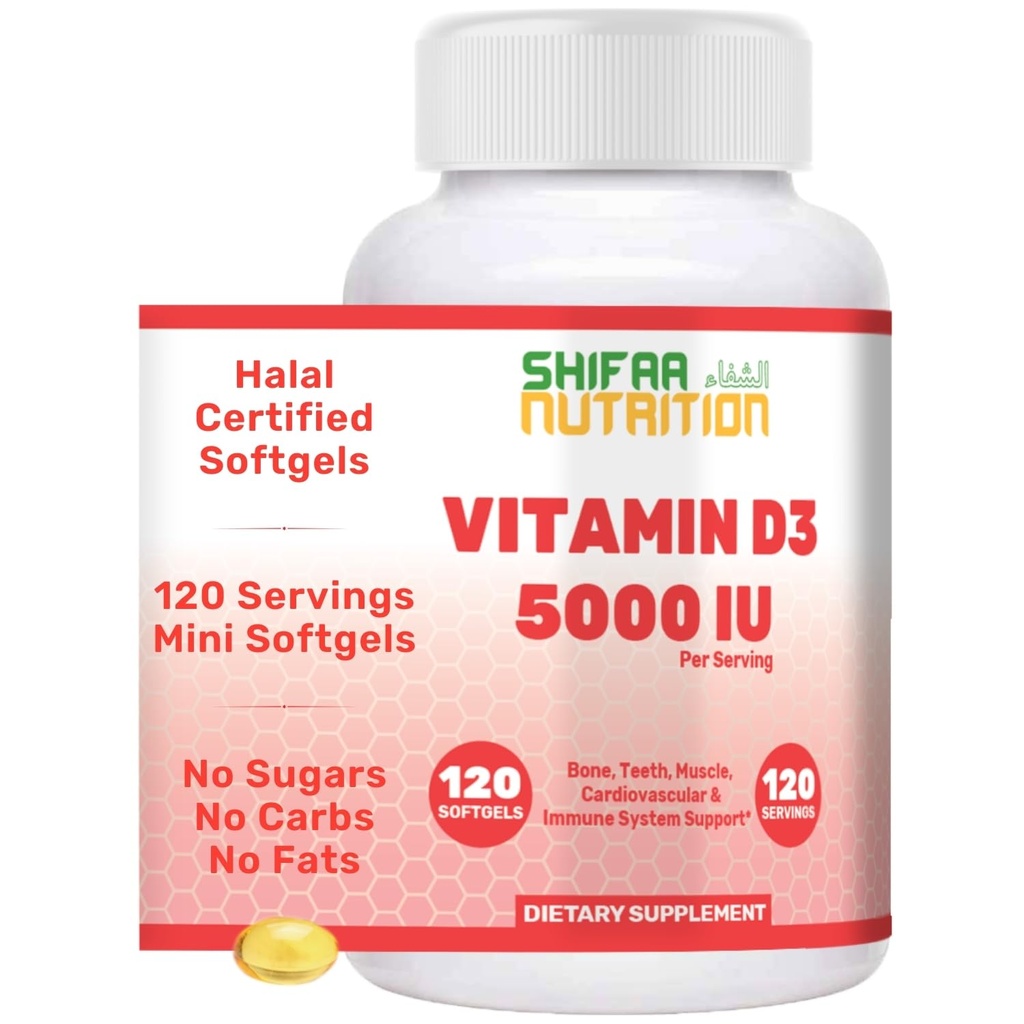SHIFAA NUTRITION Halal Vitamin D, Halal Vitamin D3, 5000 IE Softgels, 120 Servere. Non- GMO, Gluten- fri, Understøtter: Struktur, knogler, tænder, hjerte, muskler og immunfunktioner