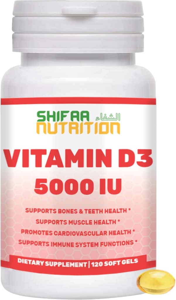 SHIFAA NUTRITION Halal Vitamin D, Halal Vitamin D3, 5000 IE Softgels, 120 Servere. Non- GMO, Gluten- fri, Understøtter: Struktur, knogler, tænder, hjerte, muskler og immunfunktioner