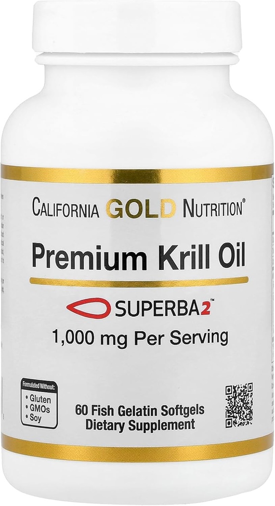 California Gold Nutrition Premium Krill Oil med Superba2 Bioavailable Omega- 3s fra Antarktis Krill - Heart & Brain Health Support - Gluten Free, Non- GMO - 1000 mg - 60 Fish Gelatine Softels