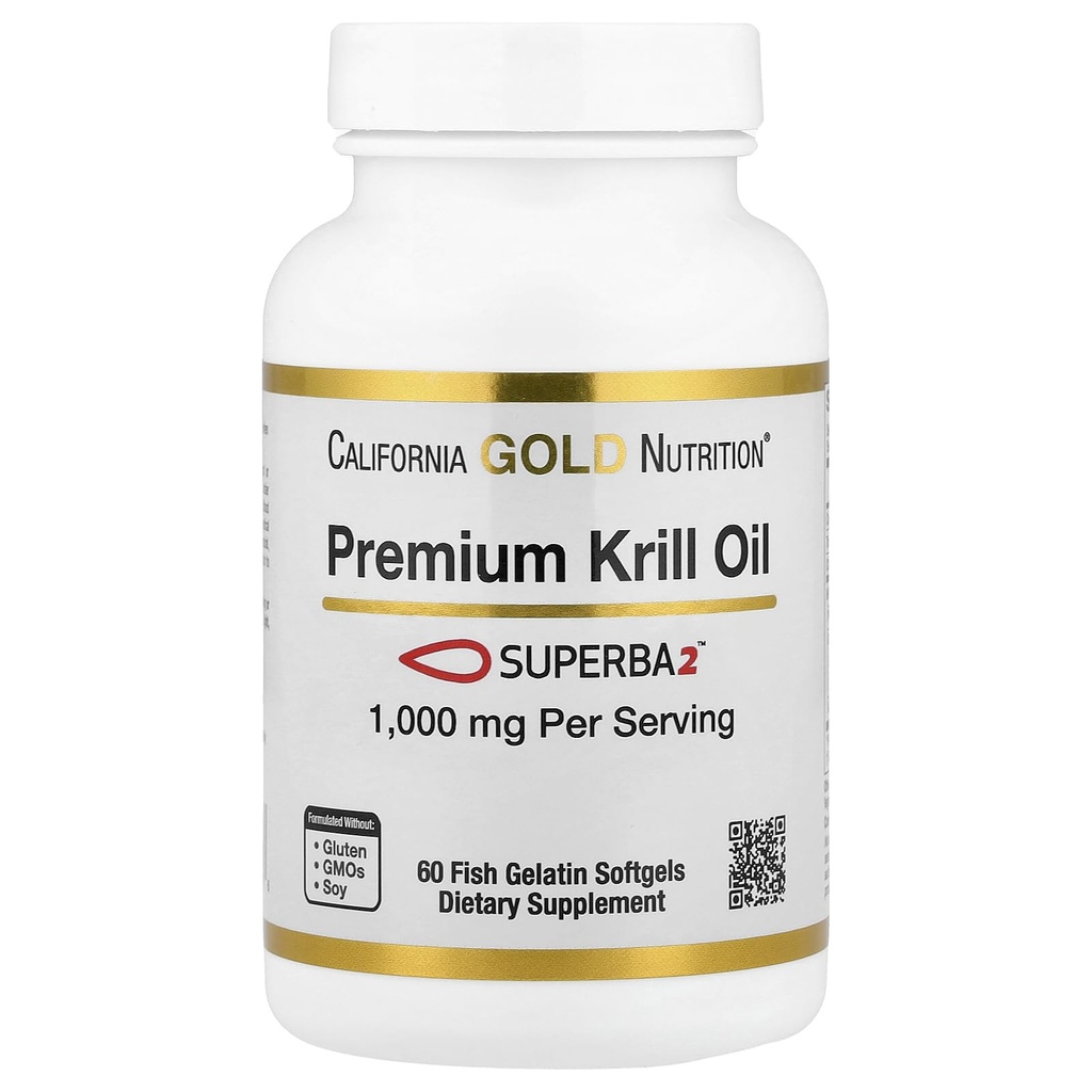 California Gold Nutrition Premium Krill Oil med Superba2 Bioavailable Omega- 3s fra Antarktis Krill - Heart & Brain Health Support - Gluten Free, Non- GMO - 1000 mg - 60 Fish Gelatine Softels